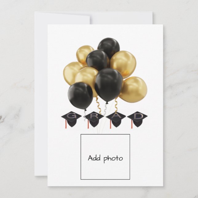 Graduation Caps Card Black Gold Balloons (Front)