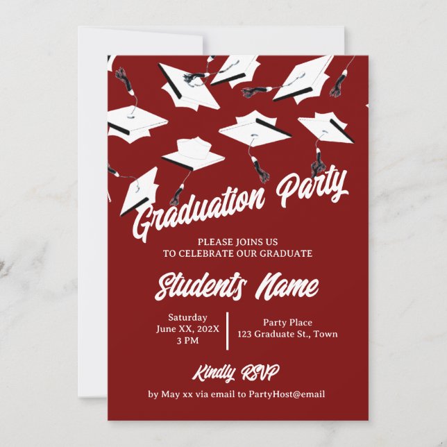 Graduation Caps Maroon and White Photo Grad Party Invitation (Front)