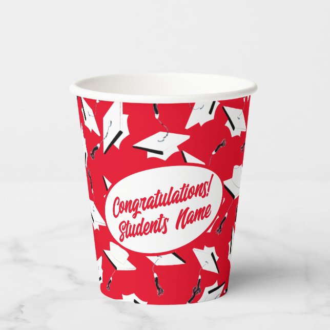 Graduation Caps Red and White Personalized Party Paper Cups (Front)