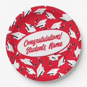 Graduation Caps Red and White Personalized Party Paper Plate
