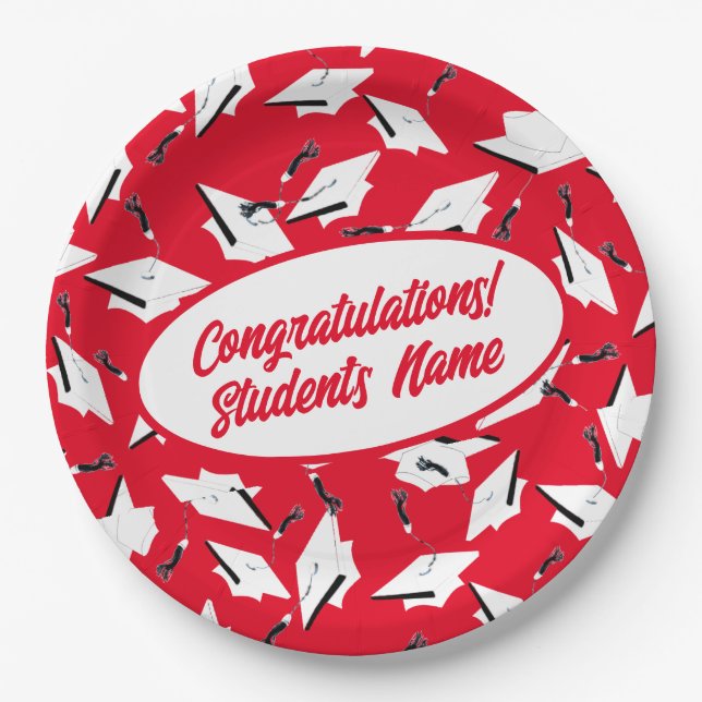 Graduation Caps Red and White Personalized Party Paper Plate (Front)