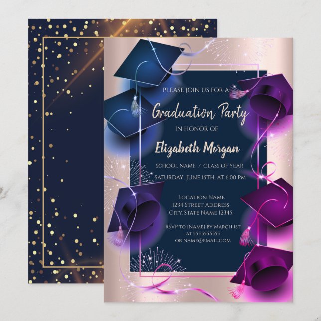 Graduation Caps Rose Gold,Dots Graduation Party Invitation (Front/Back)