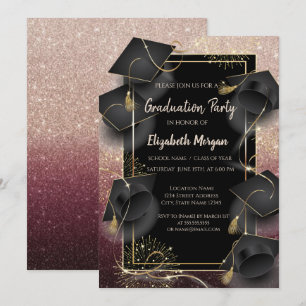 Graduation Caps Rose Gold Glitter Graduation Party Invitation