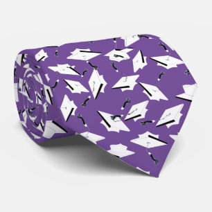 Graduation Caps Tossed Celebration White on Purple Tie
