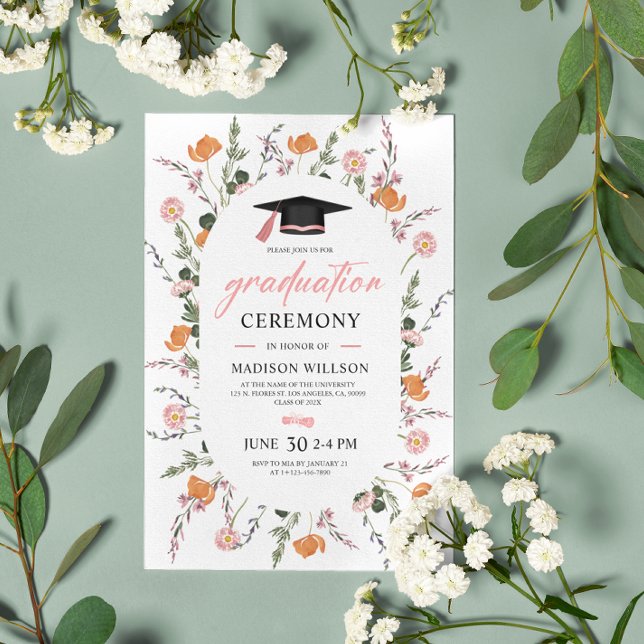 Graduation Ceremony Wildflowers Pink Black Hat Invitation (Creator Uploaded)