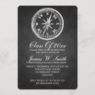 Graduation Chalkboard Vintage Compass Black Invitation