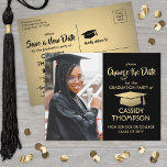 Graduation Change the Date Photo Black Gold Update Announcement Postcard<br><div class="desc">If unexpected circumstances have caused a postponement or cancellation of your graduation party, inform family and friends of the change in plans with these modern black and gold save the new date postcard invitations. All photos and text are simple to customize. Design features gold faux metallic foil background and graduation...</div>