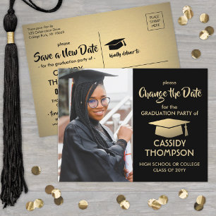 Graduation Change the Date Photo Black Gold Update Announcement Postcard