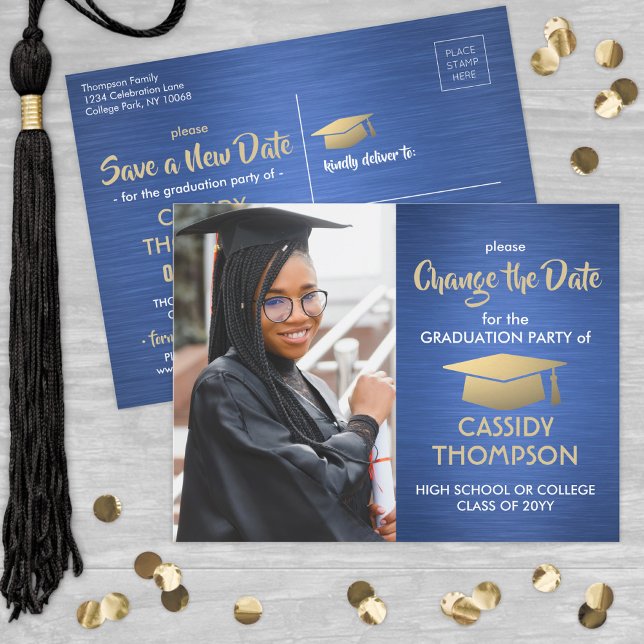 Graduation Change the Date Photo Blue Gold Update Announcement Postcard (Creator Uploaded)