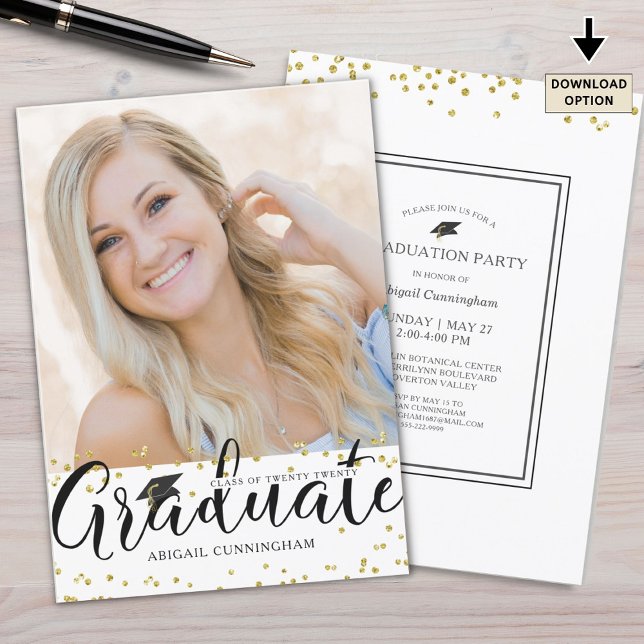 Graduation Chic Script Typography Gold Confetti Invitation (Creator Uploaded)
