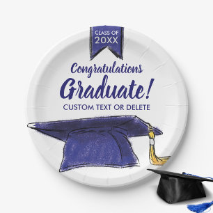 Graduation Class 2018 Congrats Blue Grad Cap Paper Plate