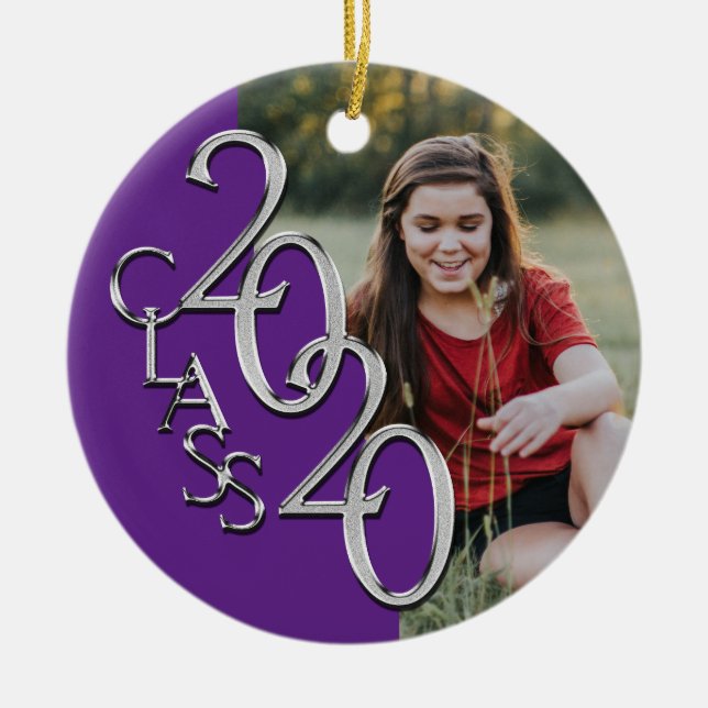 Graduation Class 2020 Photo Purple Silver Ceramic Ornament (Front)