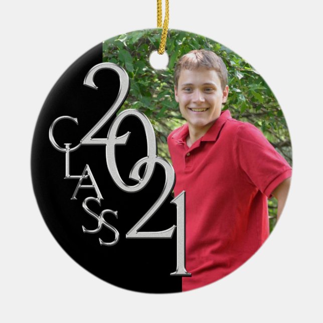 Graduation Class 2021 Photo Black with Silver Ceramic Ornament (Front)