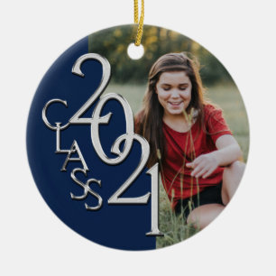 Graduation Class 2021 Photo Blue Silver Ceramic Ornament