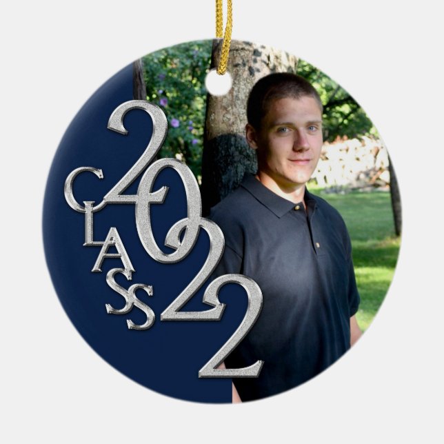 Graduation Class 2022 Photo Blue Silver Ceramic Or Ceramic Ornament (Front)