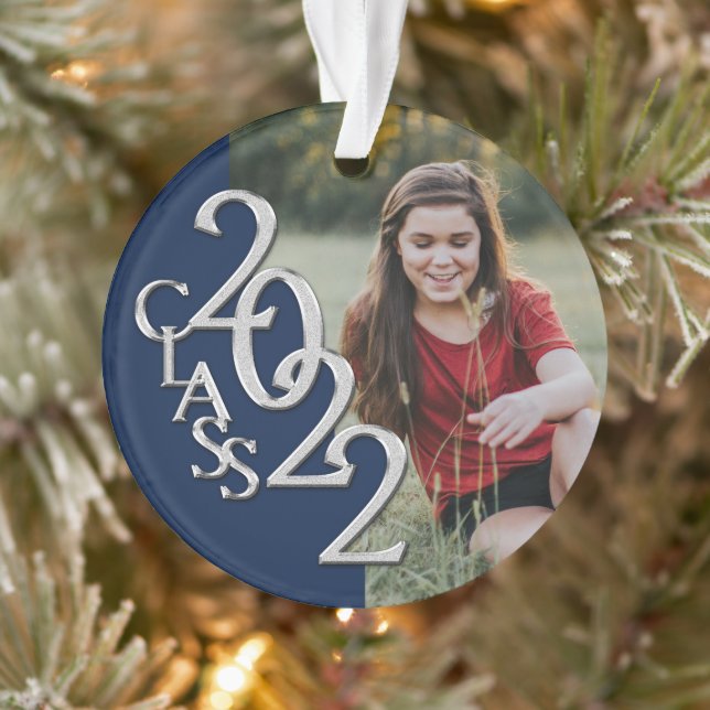 Graduation Class 2022 Photo Blue Silver Ornament (Tree)