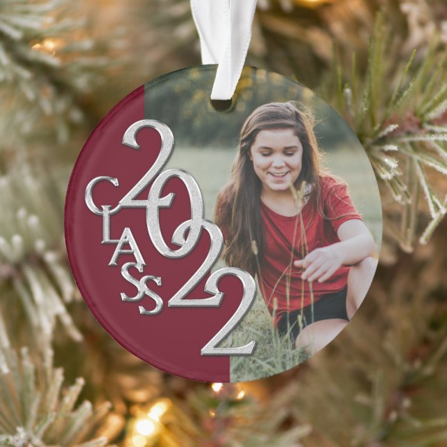 Graduation Class 2022 Photo Burgundy Silver Ornament (Tree)