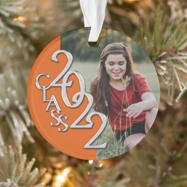 Graduation Class 2022 Photo Orange Silver Ornament (Tree)