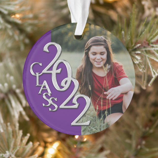 Graduation Class 2022 Photo Purple Silver Ornament (Tree)