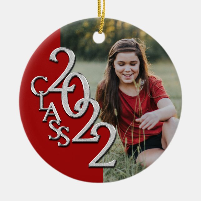 Graduation Class 2022 Photo Red Silver Ceramic Ceramic Ornament (Front)