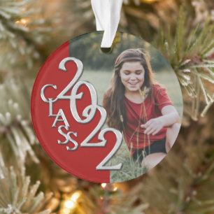 Graduation Class 2022 Photo Red Silver Ornament