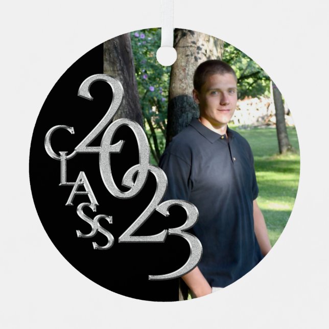 Graduation Class 2023 Photo Black and Silver Metal Ornament (Front)