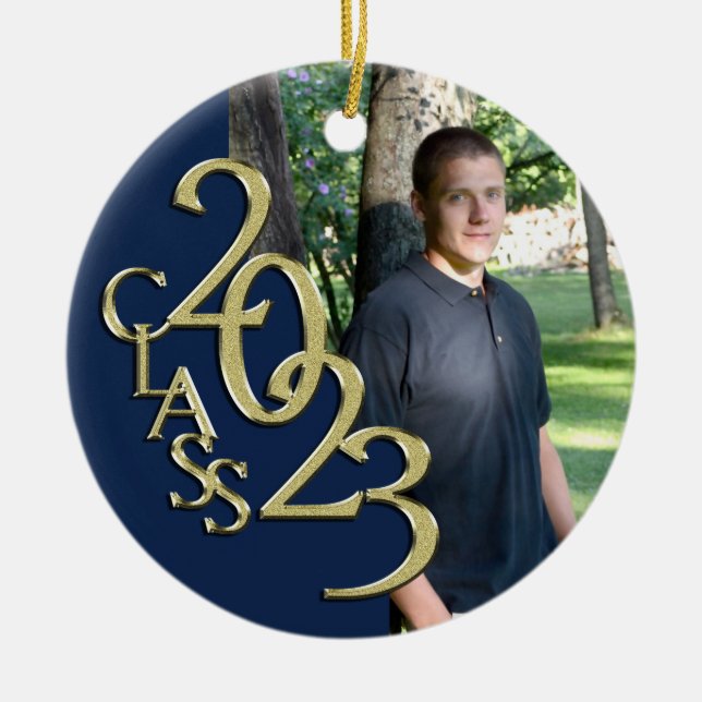 Graduation Class 2023 Photo Blue with Gold Ceramic Ornament (Front)