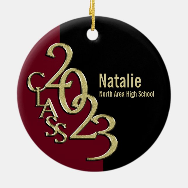 Graduation Class 2023 Photo Burgundy with Gold Ceramic Ornament (Back)
