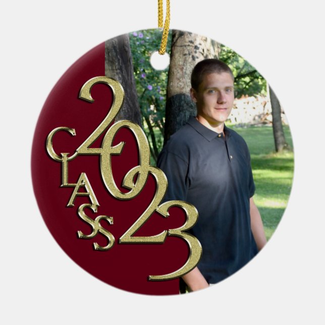 Graduation Class 2023 Photo Maroon with Gold  Ceramic Ornament (Front)
