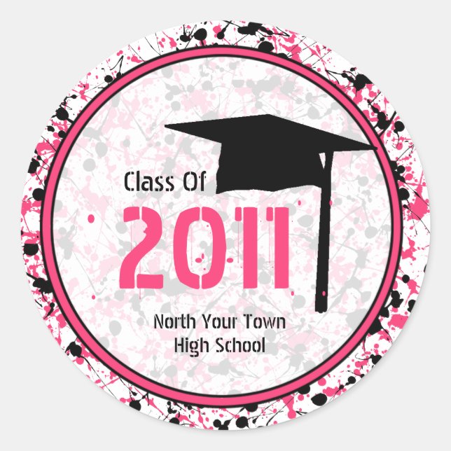 Graduation Class Of 2011 Pink & Black Paint Classic Round Sticker (Front)
