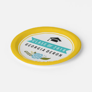 Graduation Class of 2016 yellow aqua modern floral Paper Plate