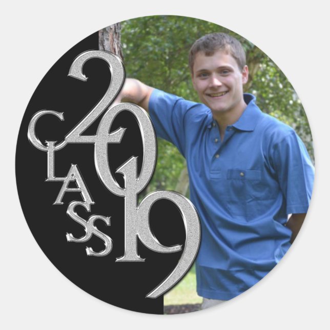Graduation Class of 2019 Black and Silver Photo Classic Round Sticker (Front)