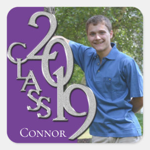 Graduation Class of 2019 Purple and Silver Photo Square Sticker