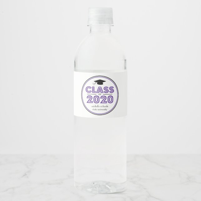 Graduation Class Of 2020 In Lights (Purple) Water Bottle Label (Front)