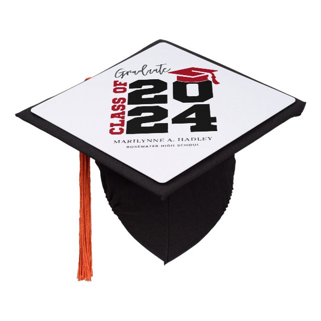 Graduation Class of 2024 Red and Black Graduation Cap Topper (Angled)