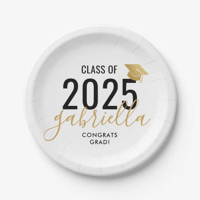 Graduation Class of 2025 Modern Gold and Black  Paper Plate (Front)