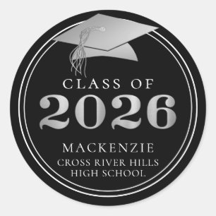Graduation Class of 2026 Black Silver Name Classic Round Sticker