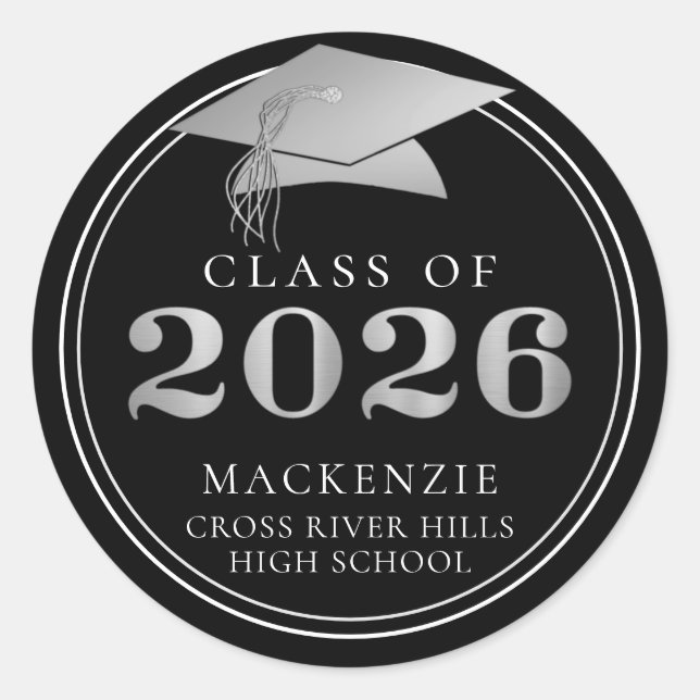 Graduation Class of 2026 Black Silver Name Classic Round Sticker (Front)