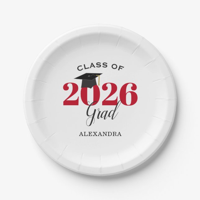 Graduation Class of 2026 Simple Red and Black Paper Plate (Front)