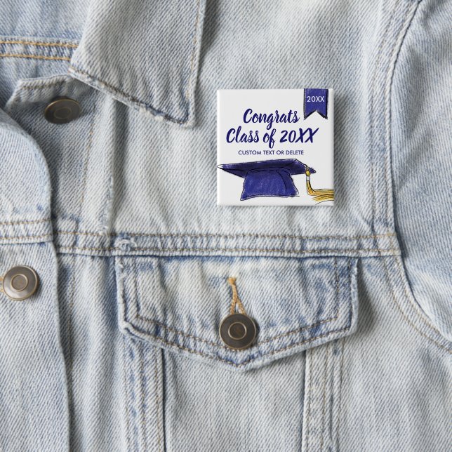 Graduation Class of 20XX Blue Grad Cap Custom 2 Inch Square Button (In Situ)