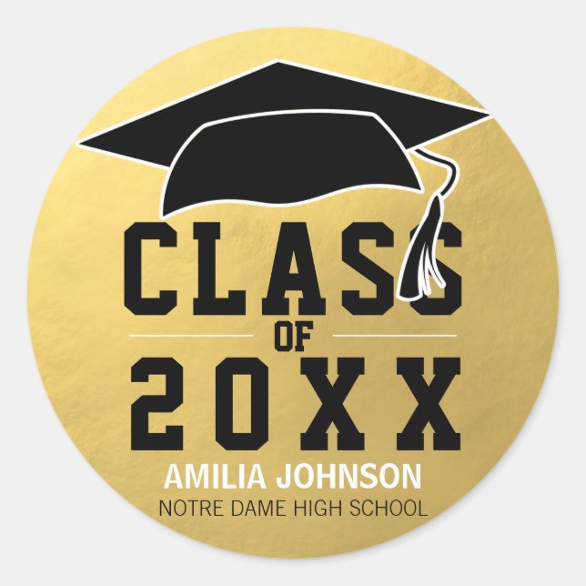 Graduation Class of Gold Foil Black Cap Classic Round Sticker (Front)