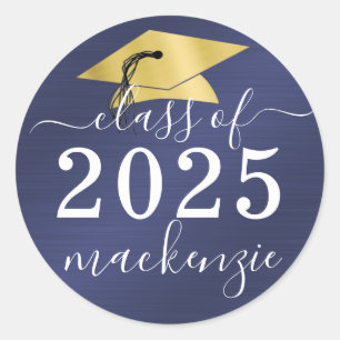 Graduation Class Of Metallic Script Navy Blue Classic Round Sticker