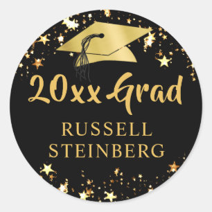 Graduation Class of Year Black Gold Stars Name Classic Round Sticker