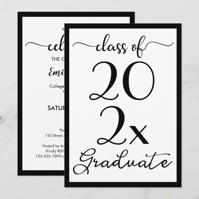 Graduation Class Of Your Year Black & White Script Invitation (Front/Back)