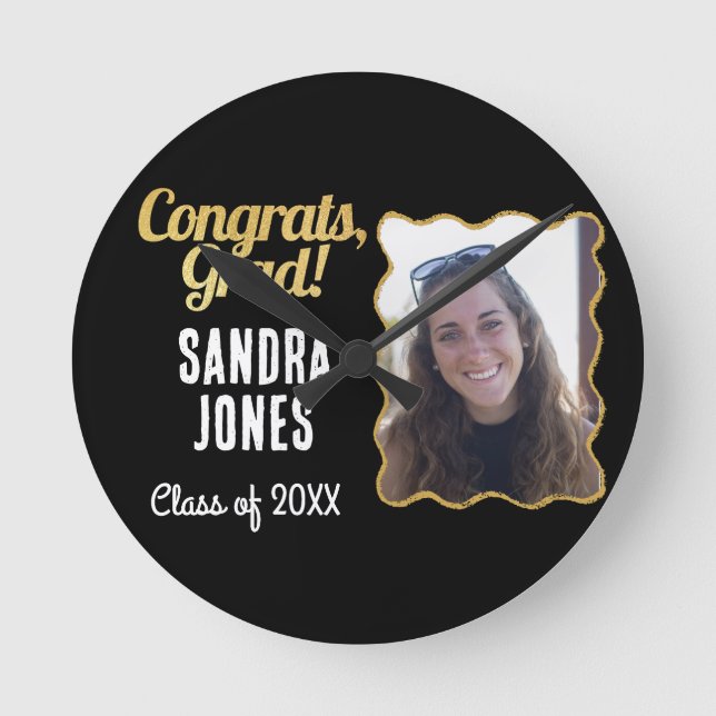 Graduation Class Personalized Name Year Black Gold Round Clock (Front)