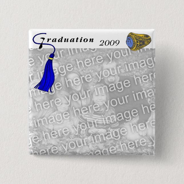 Graduation Class Ring BLUE 2 Inch Square Button (Front)