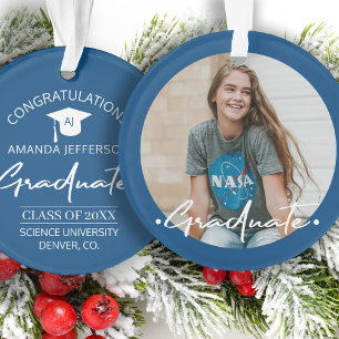 Graduation   Class year and school PHOTO blue Ornament