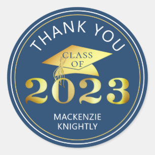 Graduation Class Year Blue Gold Foil Thank You Classic Round Sticker