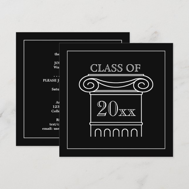 Graduation Class Year Elegant Modern Black White Invitation (Front/Back)