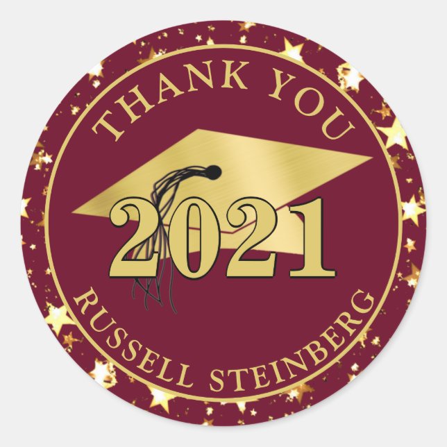 Graduation Class Year Maroon Gold Stars THANK YOU Classic Round Sticker (Front)